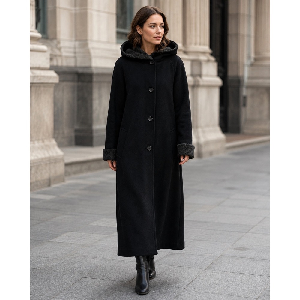 Vintage MDP Mario De Pinto Black Wool Hooded Maxi Coat Faux Fur Trim USA